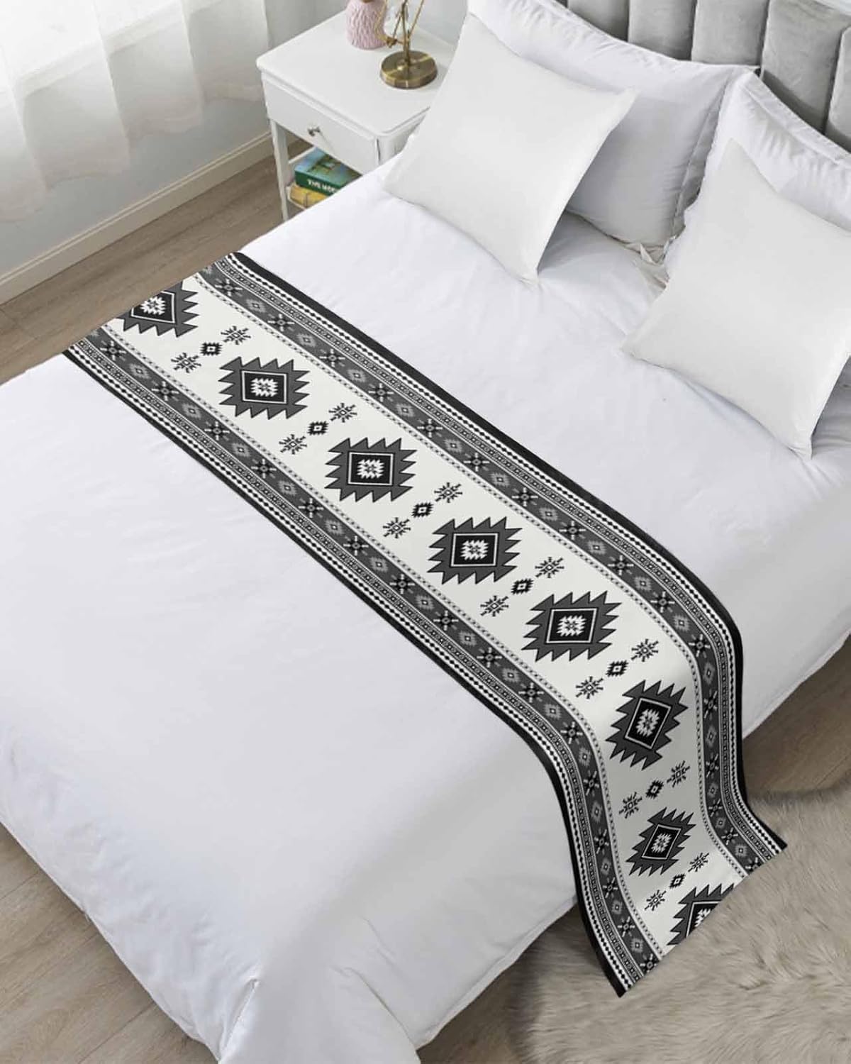 Grey Black White Geometric Pattern Bed Runners for Bedroom Hotel,Decorative Bedding Scarf Vintage Seamless Ethnic Theme Bed End Blanket Bedding Runner Scarves for Queen Size Bed,94x20in