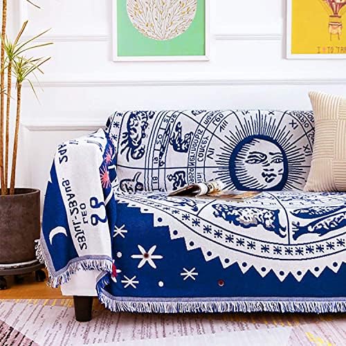 CaptainRay Boho Woven Throw Blanket Reversible Cotton Bohemian Tapestry Hippie Room Decor Witchy Astrology Zodiac Celestial Constellation Carpet Bed Couch Sofa Cover Sided (Blue, 71"x91")