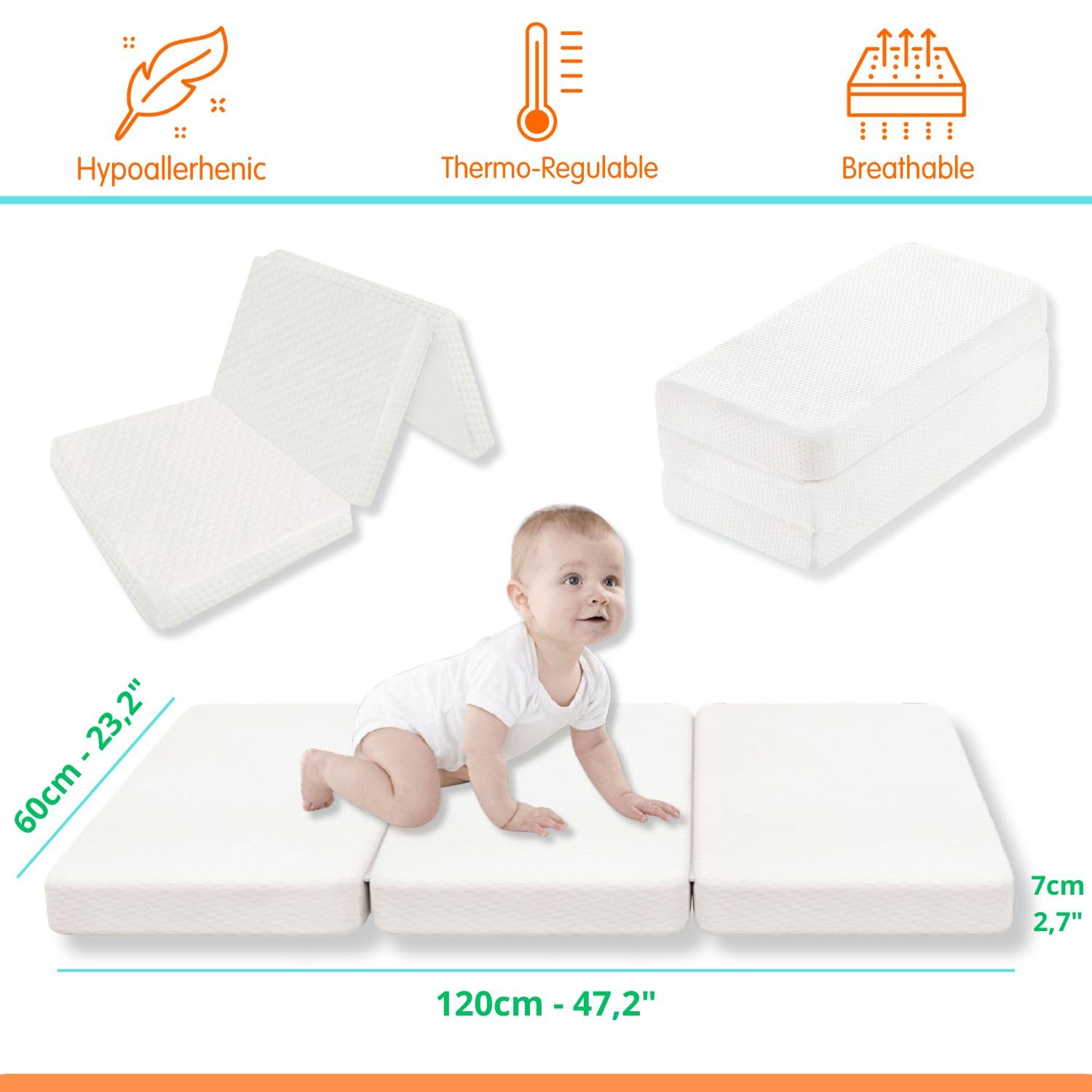 Colchón Cuna de Viaje 120x60cm para Máximo Confort- Infantil Plegable y Portátil- Funda Extraible de Algodón de Bambú- Colchoneta Suelo para Bebés- Hipoalegenico- Oeko Tex.
