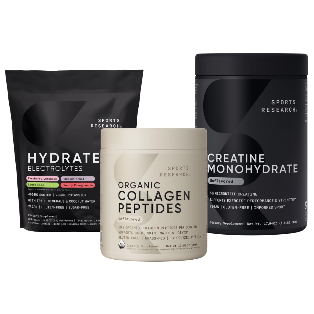 Sports Research Unflavored Organic Collagen Peptides Unflavored Creatine Monohydrate and Hydrate Electrolytes Powder Packets 16x Variety Pack