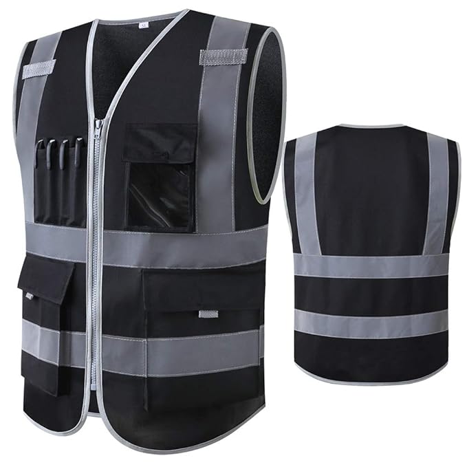 Black Safety Vest Reflective With Pockets And Zipper Construction Vest