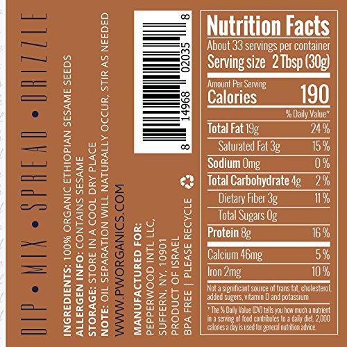 Pepperwood Organic Stone-Ground Ethiopian Sesame Tahini Paste, Hulled, Unsalted, Non-GMO, Gluten-Free, Kosher, Vegan, USDA Organic, Peanut-Free, 14 Ounce (2-Pack) (14oz - 2 Pack)