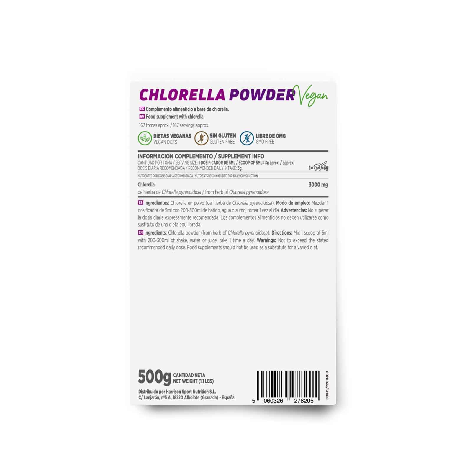 HSN Chlorella en Polvo | 500 g = 167 tomas por envase 100% Pura Alga Chlorella Pyrenoidosa Rica en Clorofila | Fuente de Vitamina B12 + Fibra + Minerales | No-GMO, Vegano, Sin Aditivos, Sin Gluten