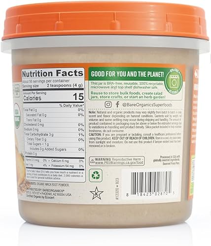 BareOrganics Polvo de raíz de maca  orgánico, vegano, sin OMG, sin gluten, apoyo de energía y resistencia, 8 onzas