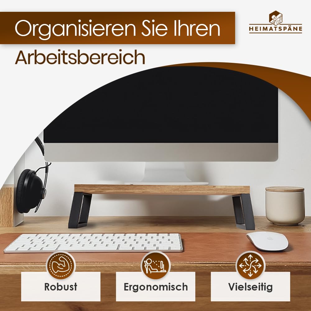 Heimatspäne Monitorständer Eiche massiv – Ergonomische Bildschirmerhöhung Holz als Schreibtischaufsatz für Bildschirm oder Laptop