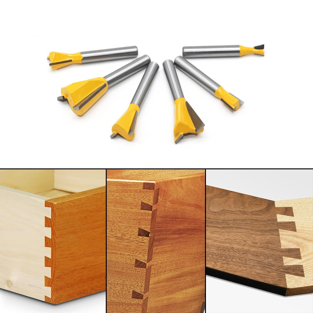 Set di 6 punte per fresa a coda di rondine, codolo da 1/4 di pollice, semi-cieco e a coda di rondine, per lavorazione del legno, utensili da 1/4", 3/8", 1/2", 5/8", 3/4", 7/8"