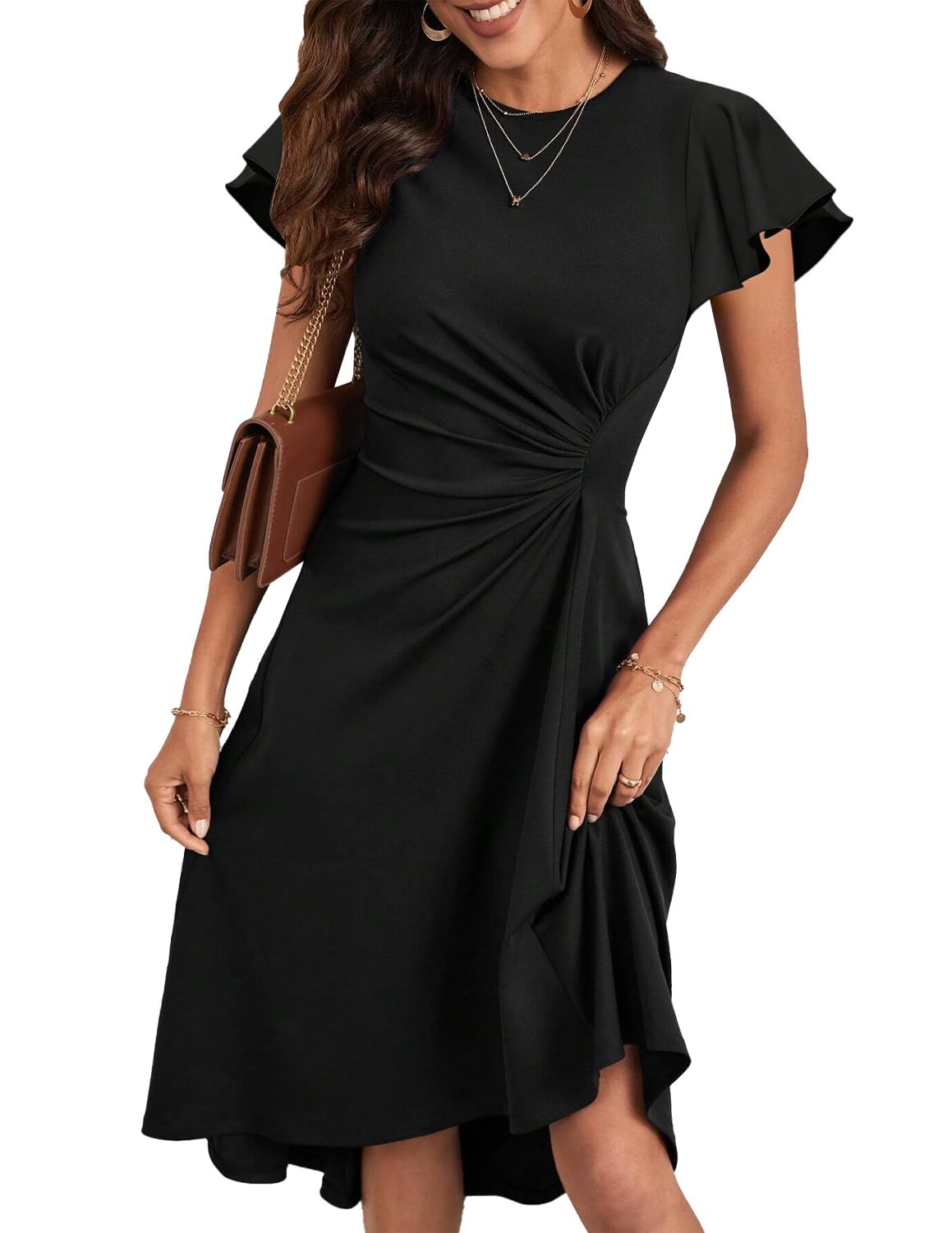 Robe Femme Chic et Elegant Midi Robe de Cocktail Mancheà Volants Robe Unie A-Line à Plis de Taille Robe de Soirée Fête Affaires