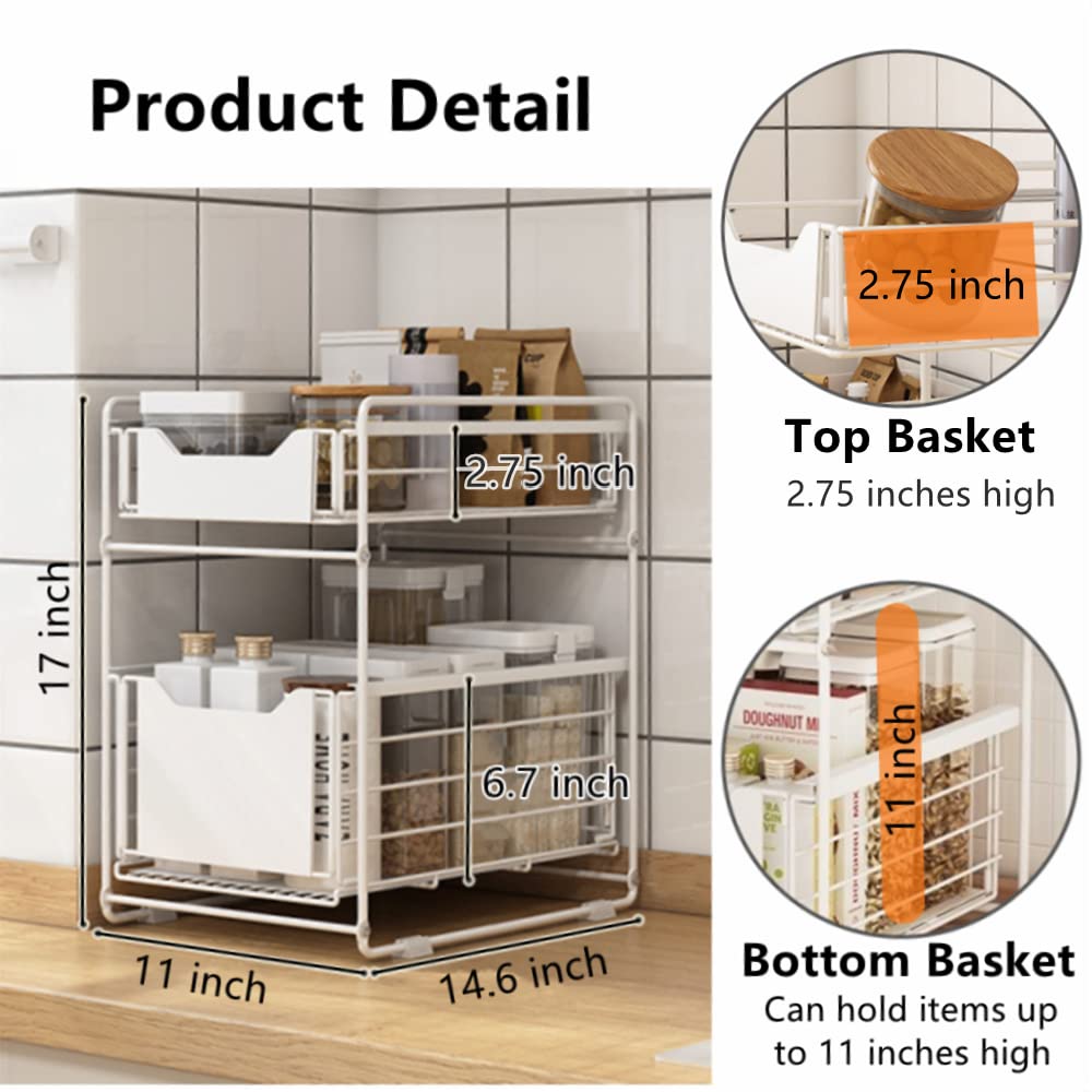 Lexza Simple Gear Heavy Duty 2-Tier Under Sink Cabinet Organizers with Sliding Storage Drawer, Steel Shelf Basket Holds up to 150lbs for Kitchen Bathroom Cabinet or Pantry, White