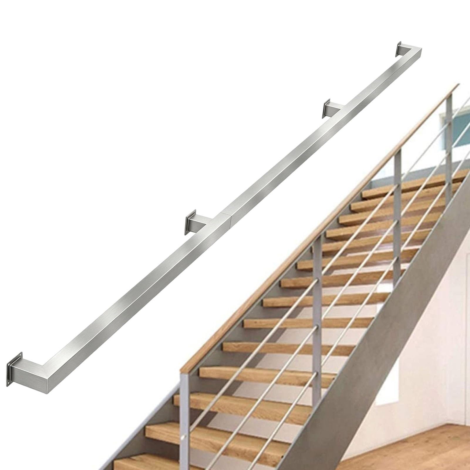 Junvstor 2FT 150cm 240cm 420cm Metal Stair Railing Indoor, Stainless Steel Wall Banister Railings For Stairs, Non-Slip Staircase Hand Rail for Loft Kindergarten Guardrail(6.6ft/200cm)