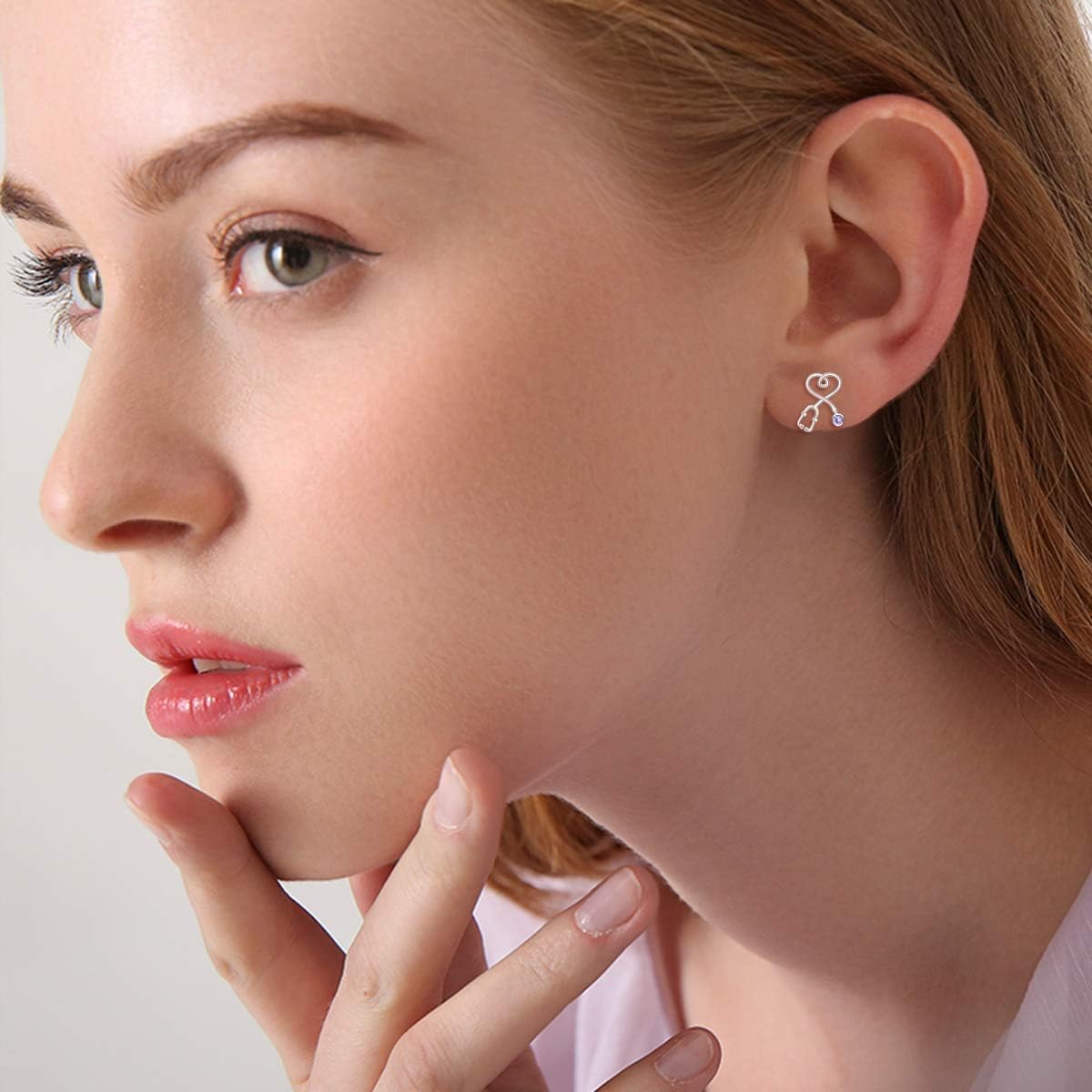 Stethoscope Earrings 925 Sterling Silver Heart Studs Earrings 12 Months Birthstone Crystals from Austria, Graduation Jewelry Gifts for Nurse Doctor RN Medical Student