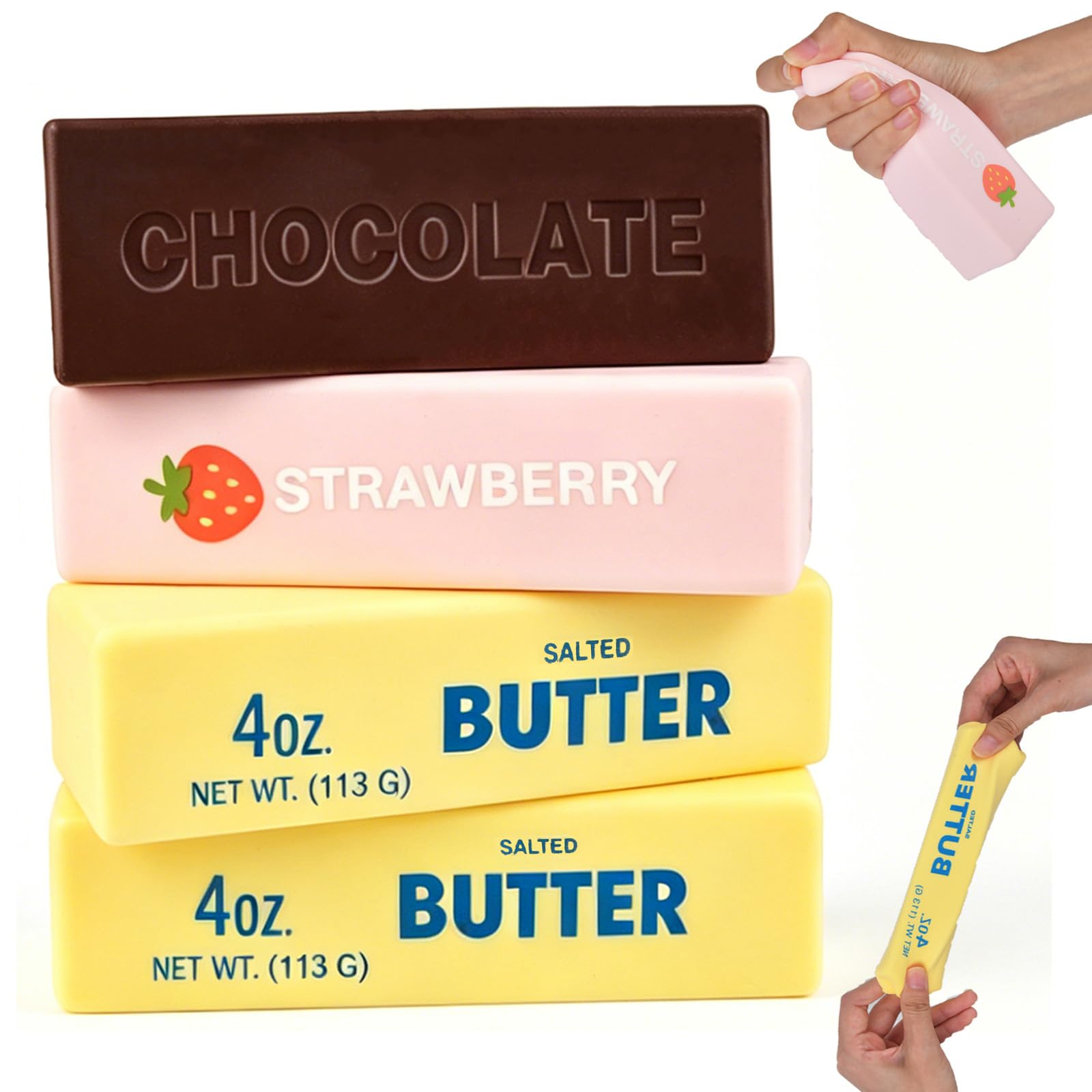 4Pcs Butter Squishy, Cheese Squishy Fidget Toys Kids Adults ADHD, Chocolate Strawberry Butter Stick Stress Balls Slow Rising Squishies Sensory Squeeze Toys for Home Office Desk Decor