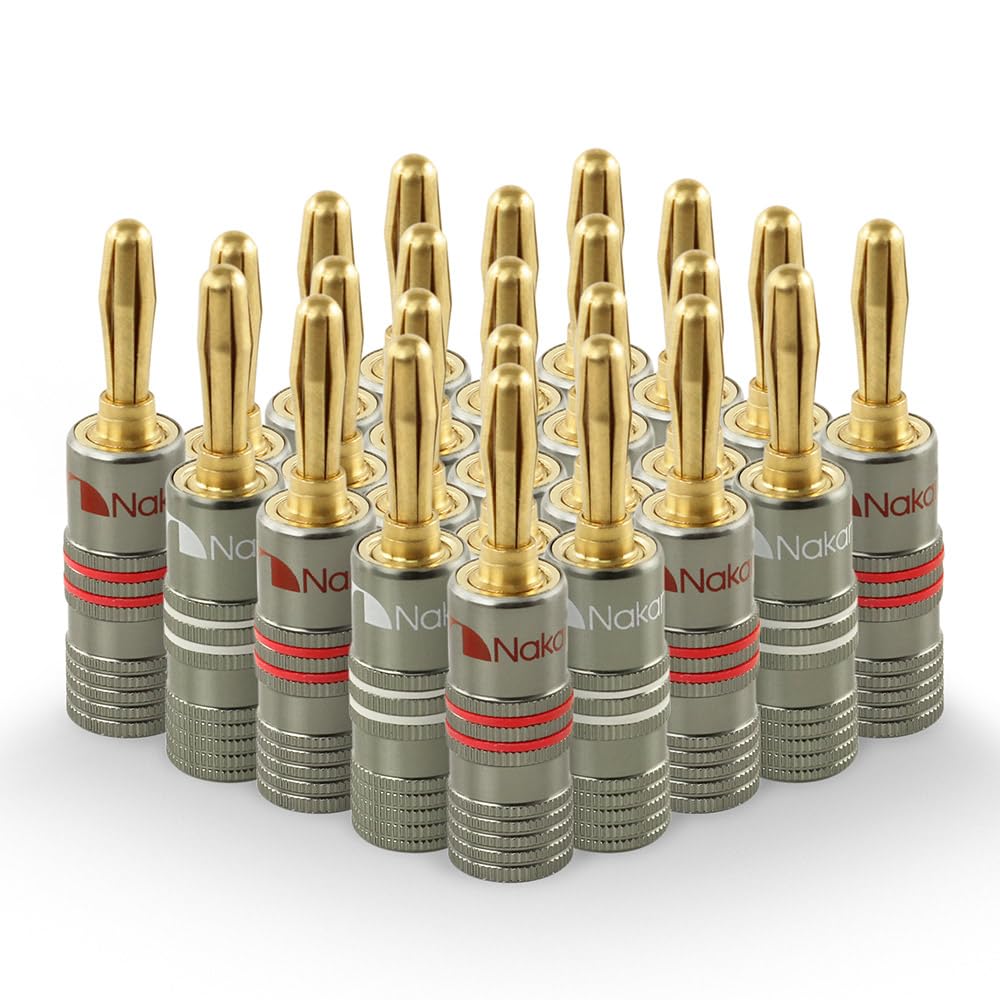 Nakamichi Ultimate Series Conector Banana 4 mm De Cobre Rojo Con Berilio Chapado En Oro 24K, Compatible Con Cables 12–18 AWG, Para Altavoces Y Amplificadores Hi-Fi, 24 Piezas (12-Pares)