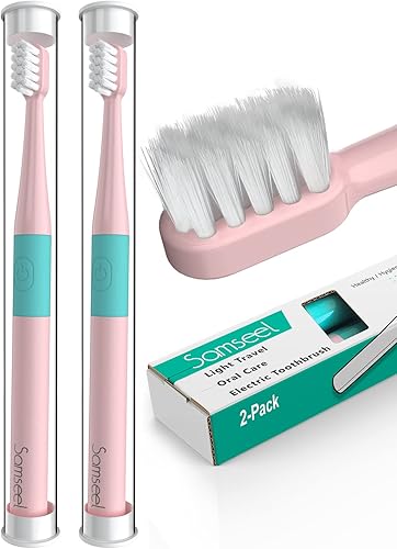 Samseel rosa paquete de 2 cepillos de dientes eléctricos sónicos que duran 90 días de viaje esencial impermeable portátil mini diseño para el
