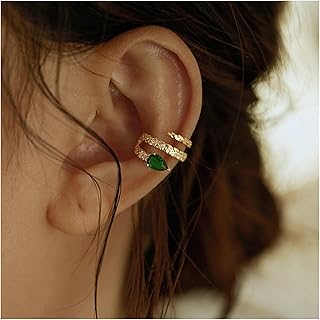 Boho Cz Emerald Circle Cuff Earrings Gold Wide Ring Helix Earrings Green Crystal Cuff Earrings Non Pierced Clip on Earrings Minimalist Earcuff Earring Jewelry for Women and Girls (Gold)
