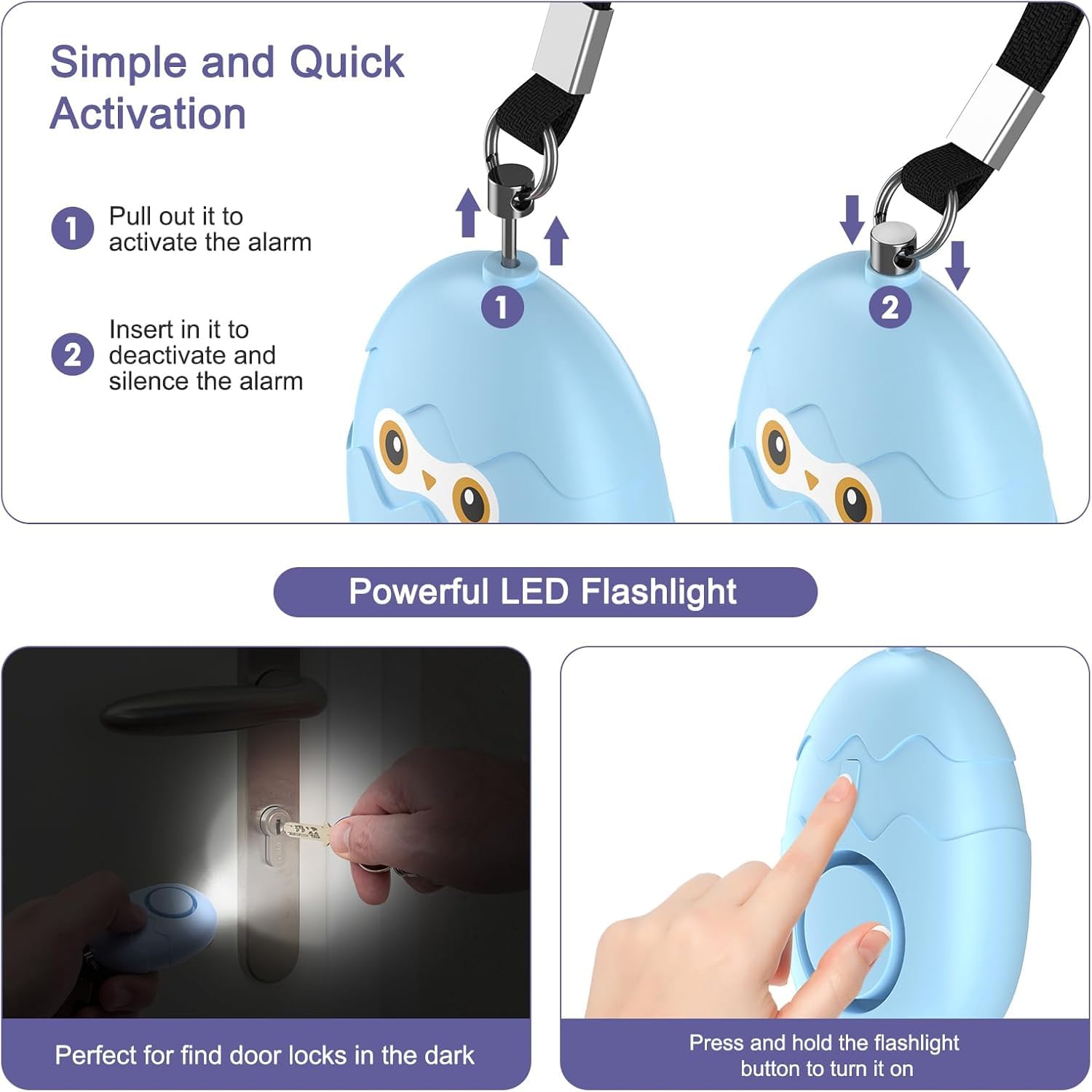 Allarme personale per donne con pulsante panico extra, doppi altoparlanti forti 130DB, primo allarme panico con avviso batteria scarica con luce stroboscopica, portachiavi allarme di sicurezza sirena