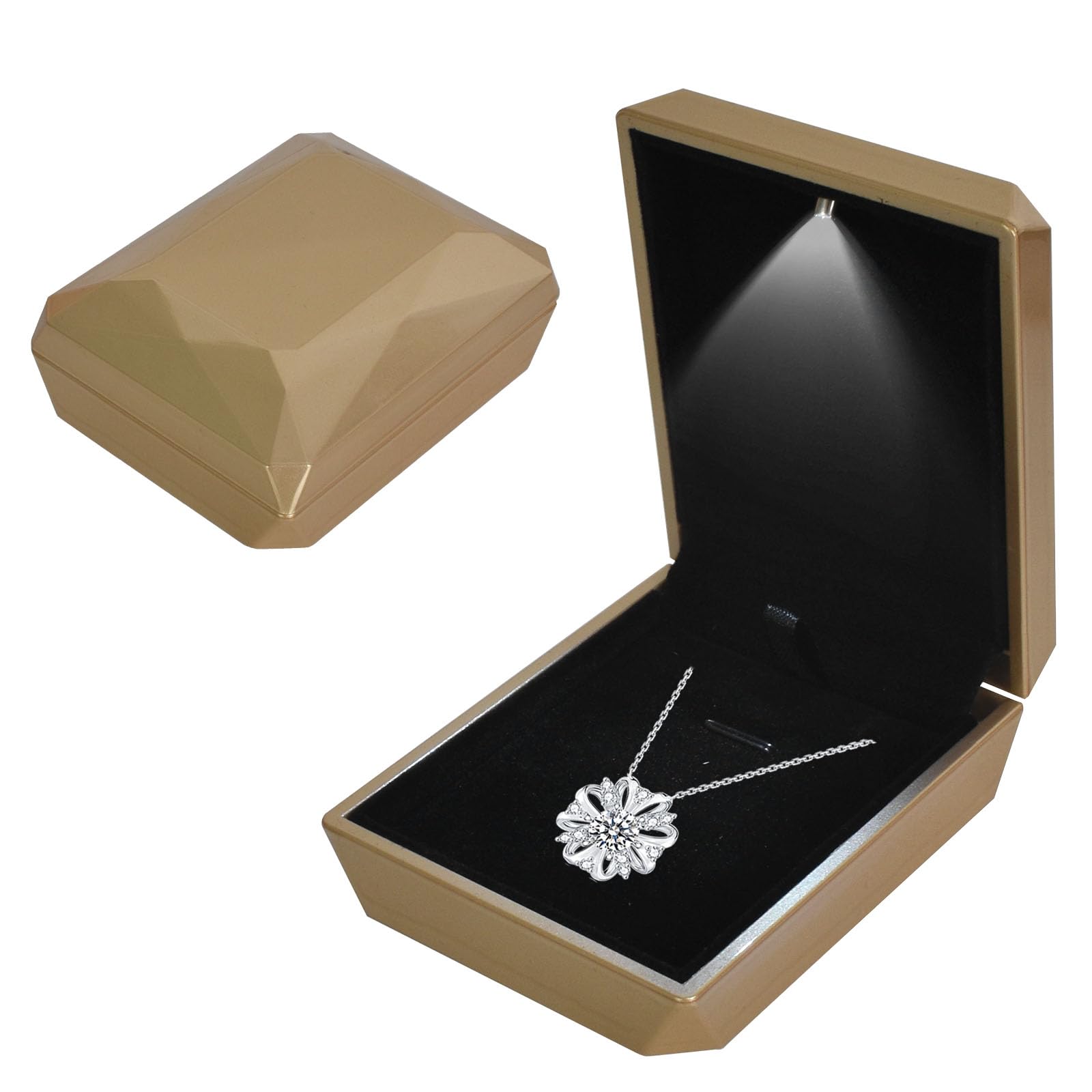 Jewelry Box, LED Lighted Pendant Box, Necklace Bracelet Rings Pendant Storage Gift Case, Light Up Pendant Case, for Wedding Proposal, Engagement Valentine's Day Favors Charms, 7*9*3.3cm, Gold-a