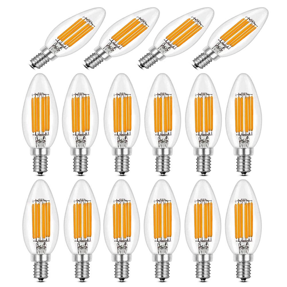 E14 Bombillas de Vela LED Regulables,C35 Candelabro de Tornillo Pequeño Bombillas de luz LED Lámpara de Filamento Blanco Cálido 2700K 6W(Equivalente a 60W) 16 Paquetes