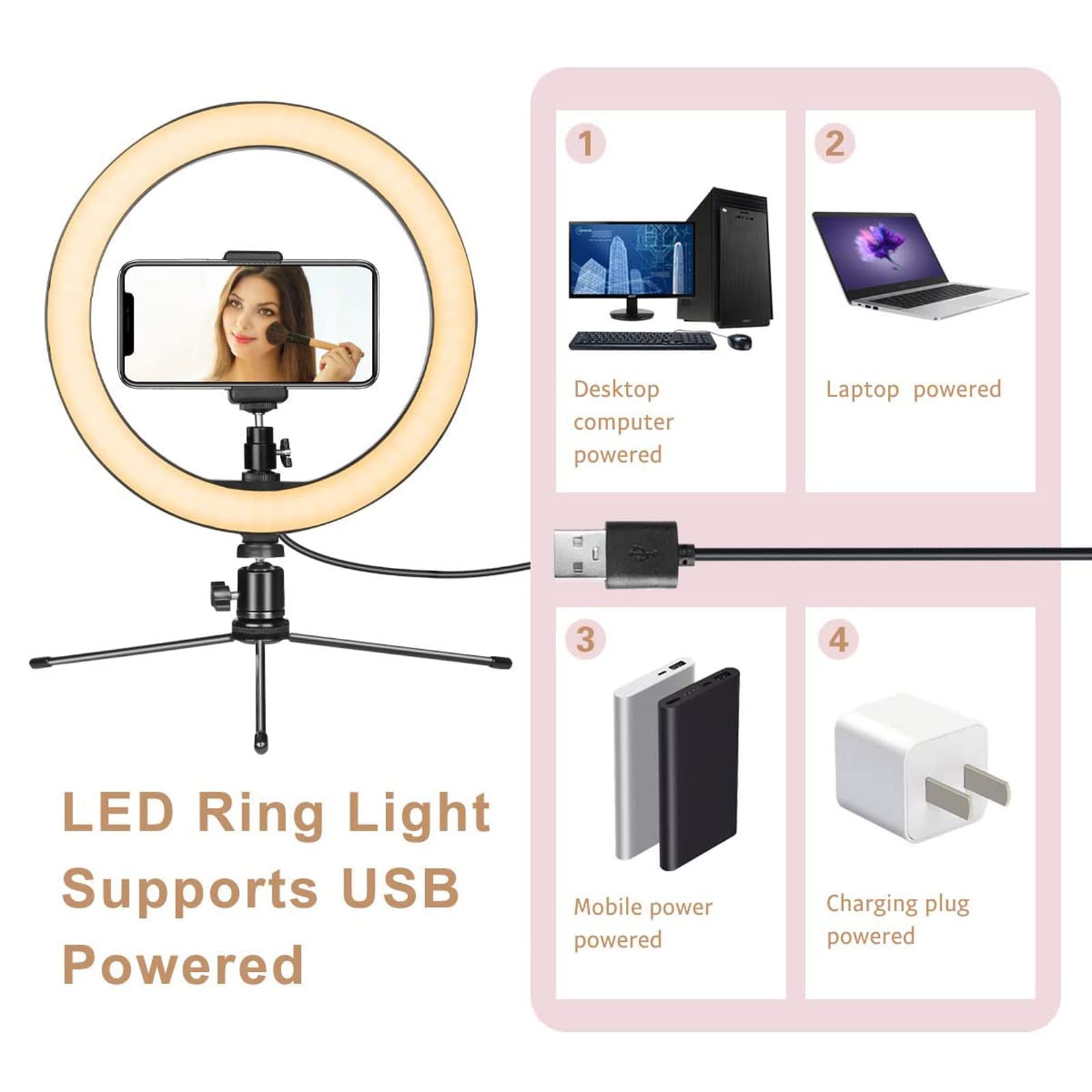 Anello Luminoso a LED da 10" con Supporto per treppiede e Supporto per Telefono per Streaming Live, riprese con 3 modalità di Illuminazione e 10 Livelli di luminosità