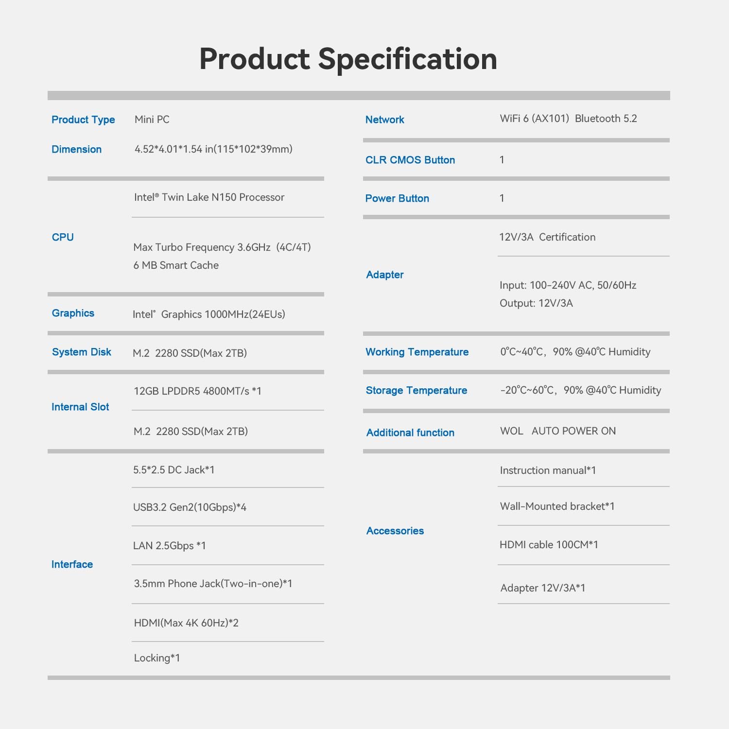A detailed table listing the product specifications of the Beelink Mini S13 N150 Mini PC, including CPU, Graphics, RAM, Storage, Network, and Interfaces.