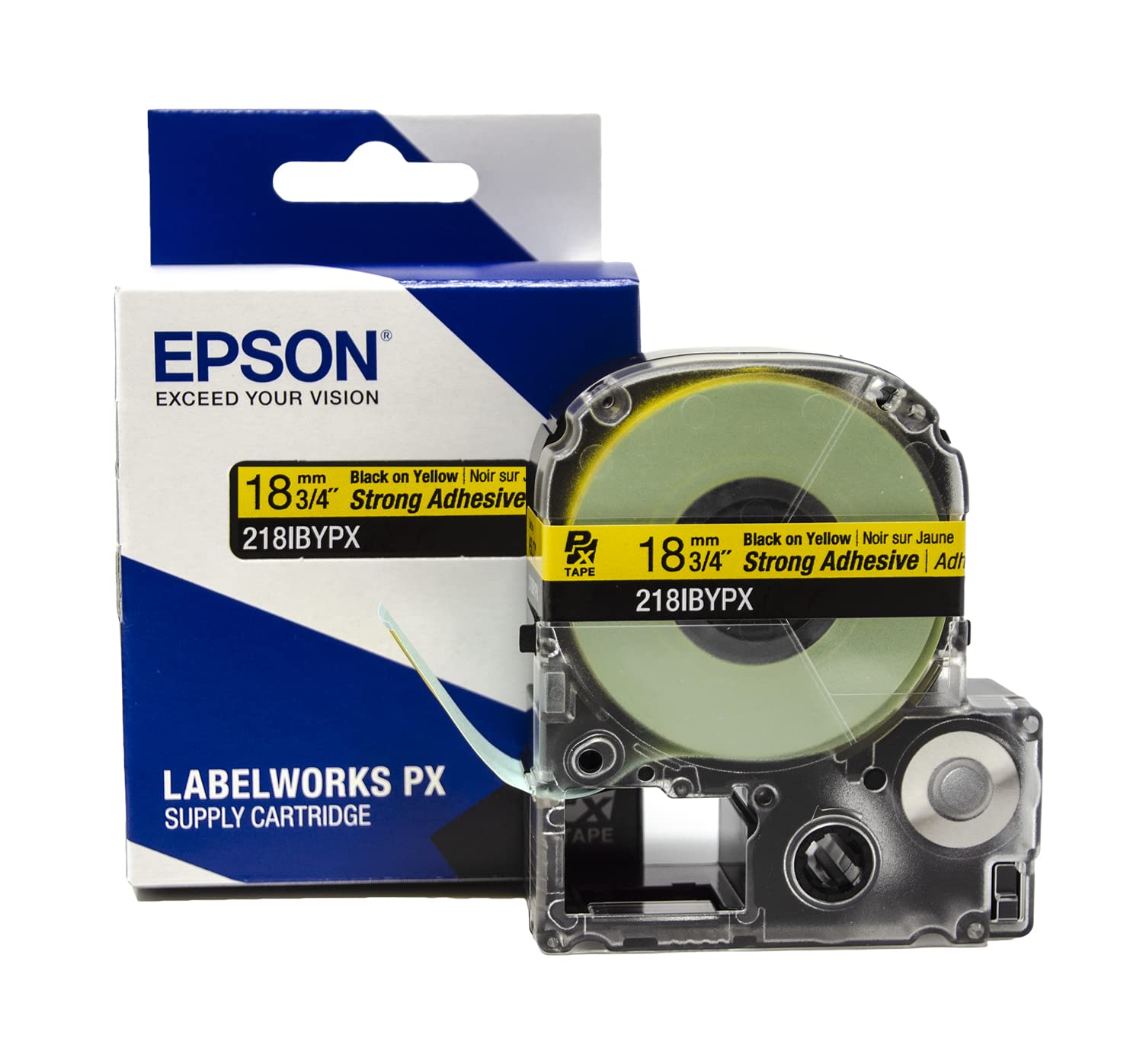 Epson LABELWORKS 218IBYPX Genuine PET Tape Cartridge - Black on Yellow Strong Adhesive Standard Industrial Label Maker Tape - 3/4" (18MM) Wide, 30 ft