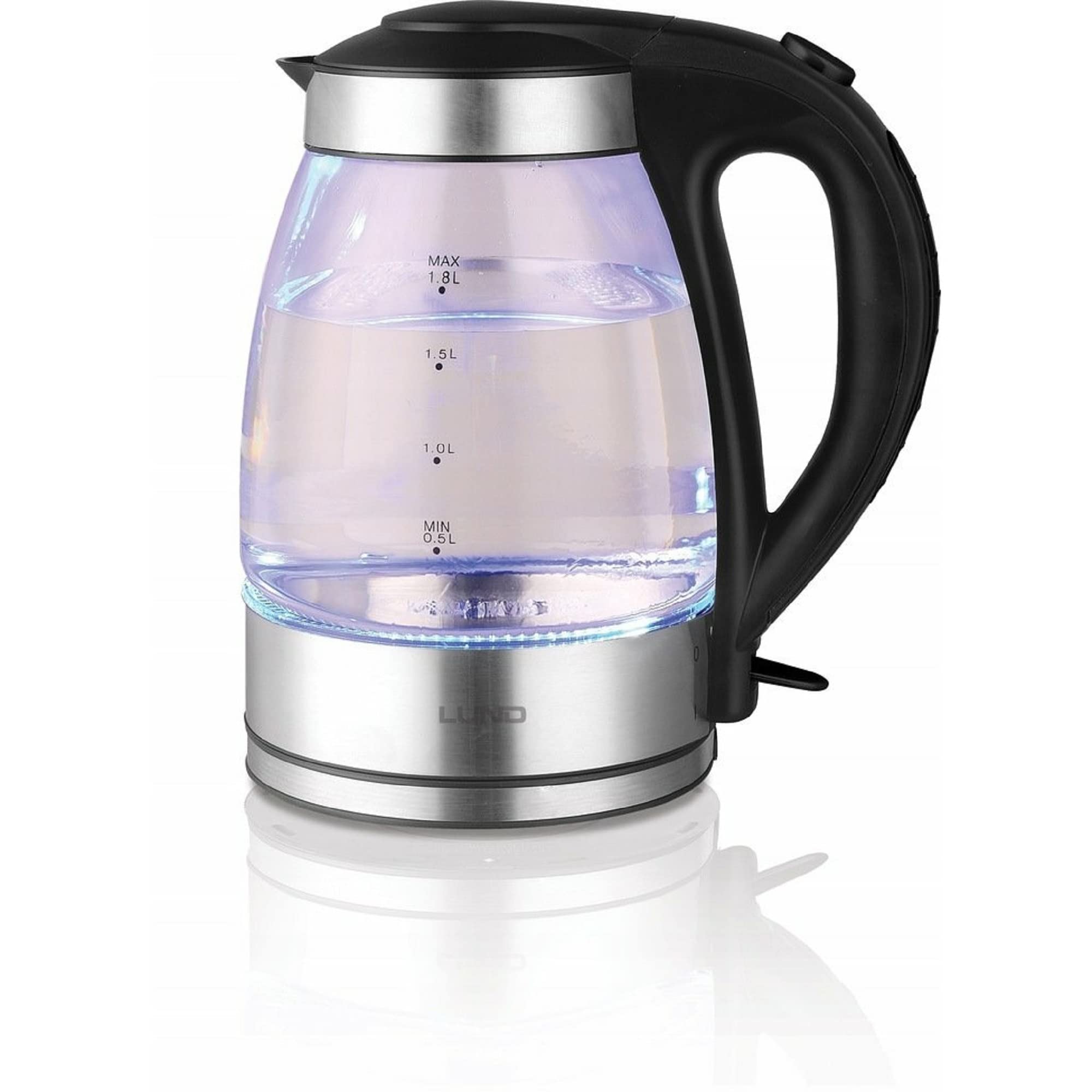 Lund bollitore in vetro con LED - Filtro - Sicurezza contro la cottura a secco - Acciaio inox - 1,8L - 2200W - 68172 - Argento/Nero