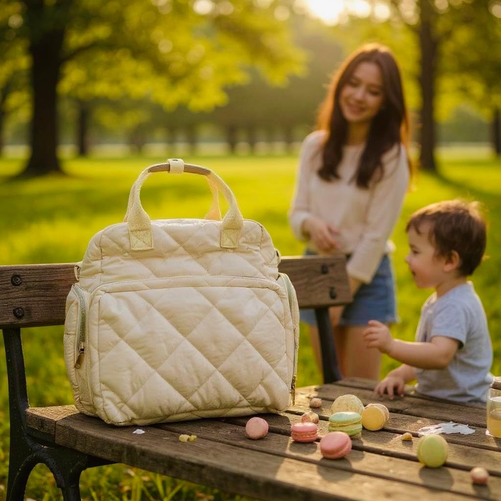 Tristan Home Quilted Diaper Bag Backpack – Insulated Bottle Pockets, Maternity Hospital Travel Bag for Moms (Beige)