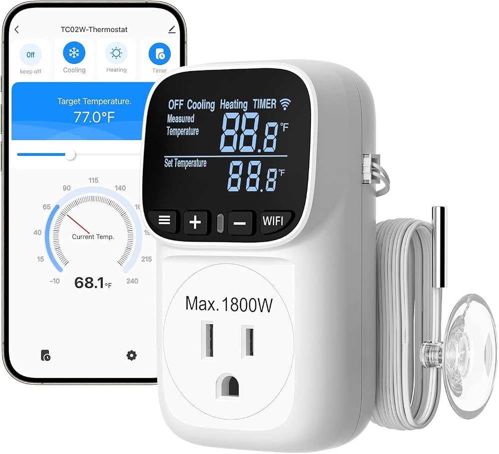DEWENWILS Smart WiFi Temperature Controller Outlet, 15A/1800W, 24H Timer | Bluetooth APP Remote Control, Schedule Timer, for Greenhouses, Incubators, Brewing, Reptiles, Garages