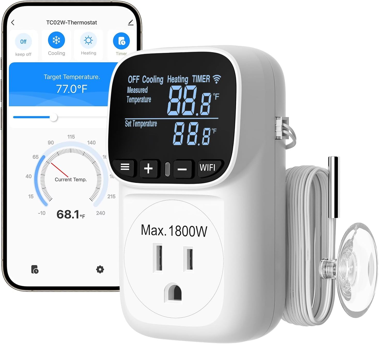 DEWENWILS Smart WiFi Temperature Controller, 15A 1800W Thermostat Controlled Outlet Plug, Bluetooth APP Remote Control, 24 Hour Schedule Timer, for Greenhouses, Incubators, Brewing, Reptiles, Garages