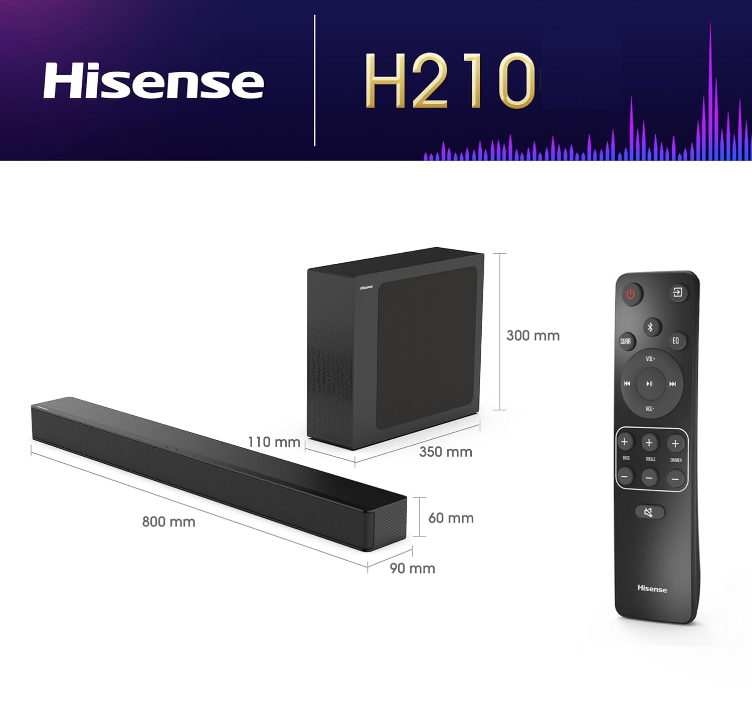 Hisense Barre de Son 2.1 CH 240W H210 DTS Virtual X Caisson de Basse sans Fil HDMI Arc Bluetooth Noir