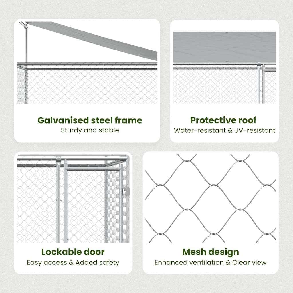 vidaXL Galvanized Steel Dog Cage with Roof - Outdoor Kennel for Exercise/Training, Lockable Door, Mesh Design, Gray - 6.6' Dimensions