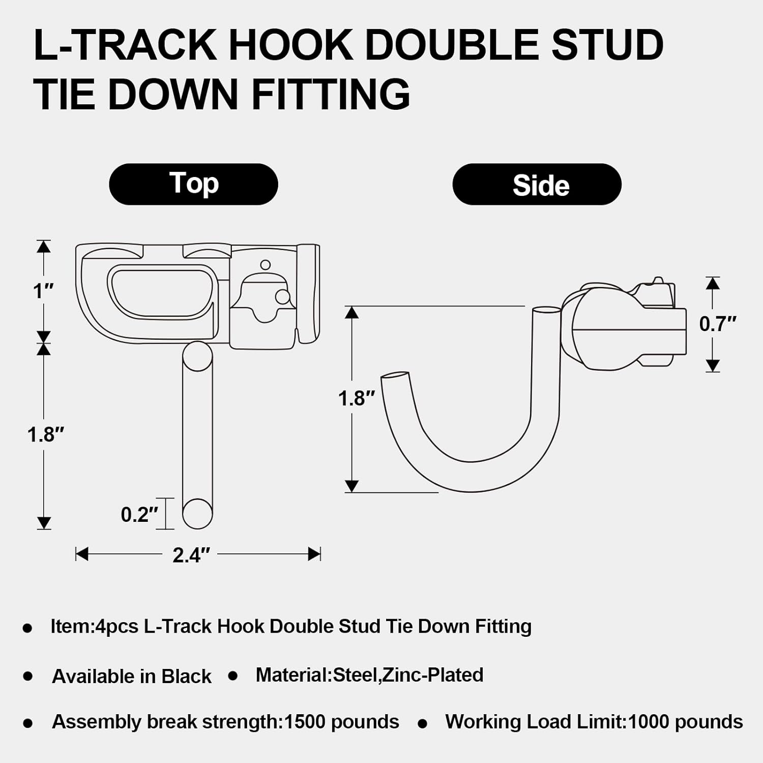 4pcs L-Track Hook Double Stud Tie Down Fitting | L Track Accessories for Enclosed Trailer for Rail Truck Bed