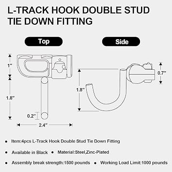 4pcs L-Track Hook Double Stud Tie Down Fitting | L Track Accessories for Enclosed Trailer for Rail Truck Bed