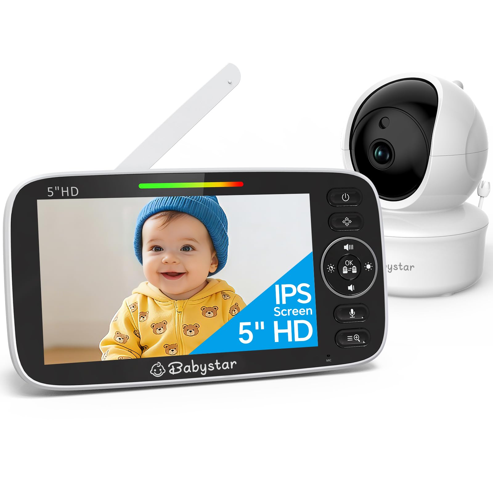 Babystar 720p 5" HD Baby Monitor, Video Baby Monitor with Camera and Audio, Remote Pan and Tilt, 4000mAh Battery, Infrared Night Vision, VOX Mode, Temperature Sensor, Lullabies, Ideal for New Moms