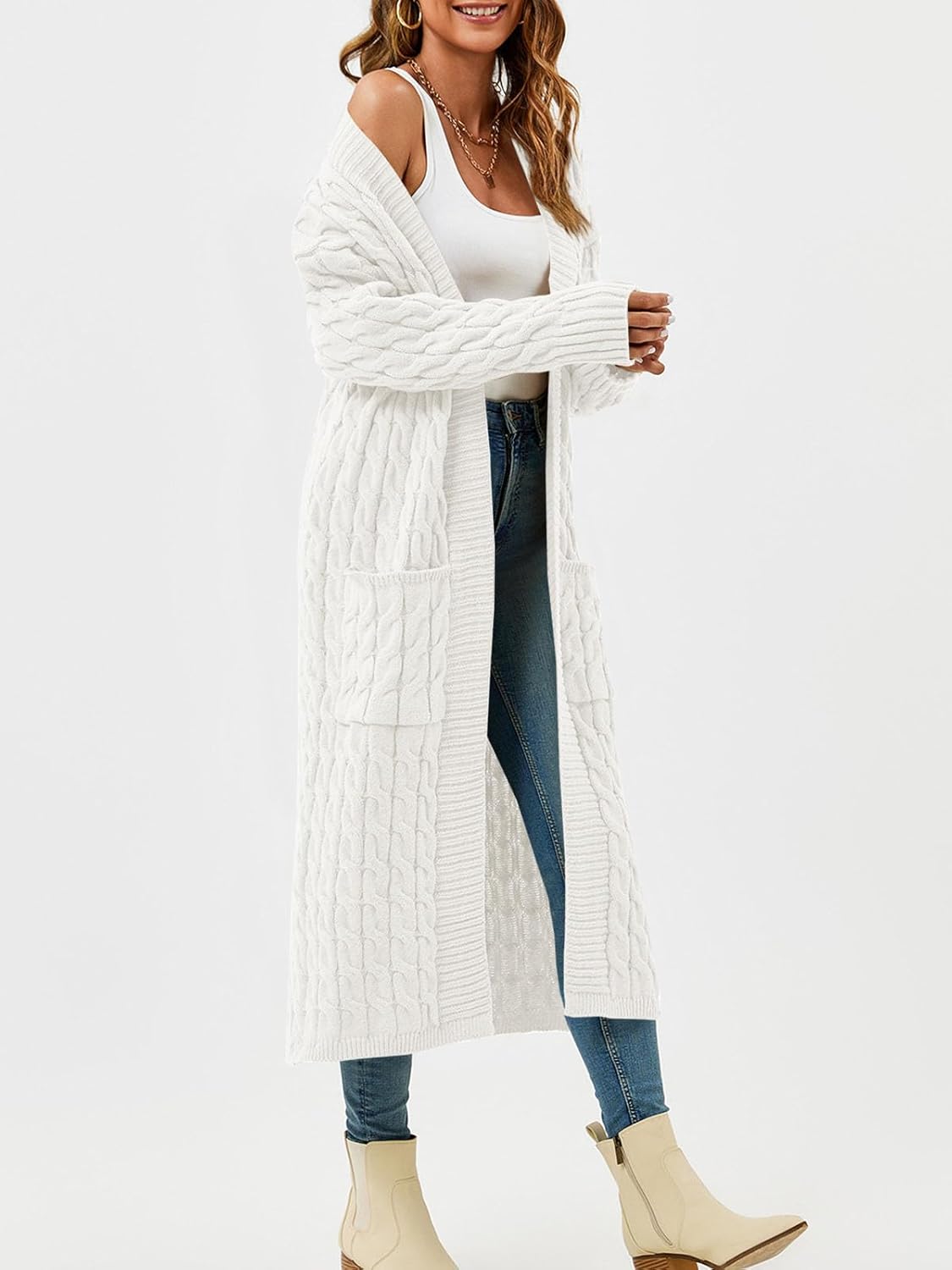 Saodimallsu Womens Open Front Long Cardigan Oversized Long Sleeve Loose Cable Knit Chunky Fall Sweater Coat with Pockets - Image 2