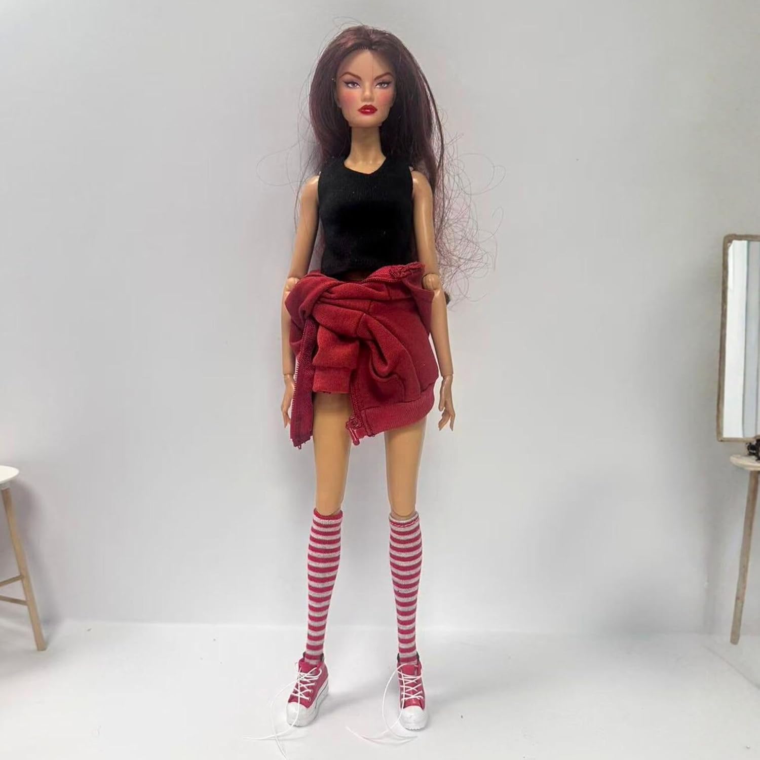 Fashion Doll Outfit Set, Burgundy Hoodie with Shorts, Striped Socks and Sneakers, Handmade Designer Clothes for 11.5-12 Inch 1/6 Scale Female Dolls
