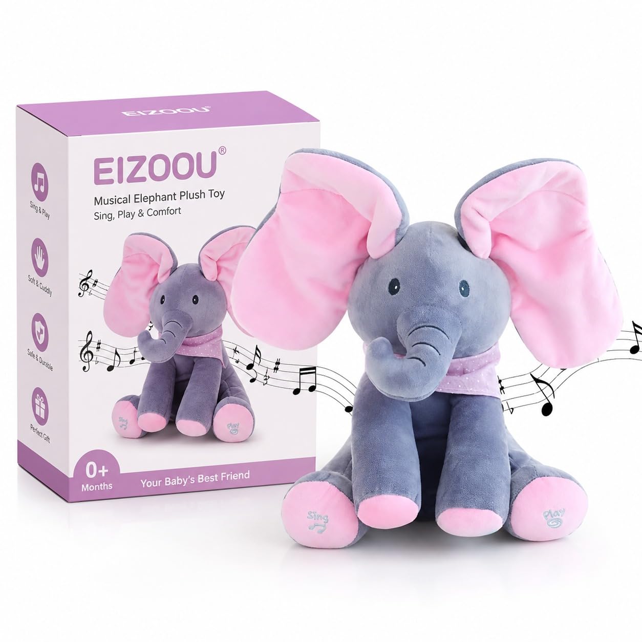 EIZOOU Elephant Soft Toy with Moving Ears and Music Button, Peekaboo Plush Toy for Babies Peek-a-Boo Elephant Stuff Toy for Baby, Toddlers and Kids - Musical Soft Plush Animal Toy with Flappy Ears
