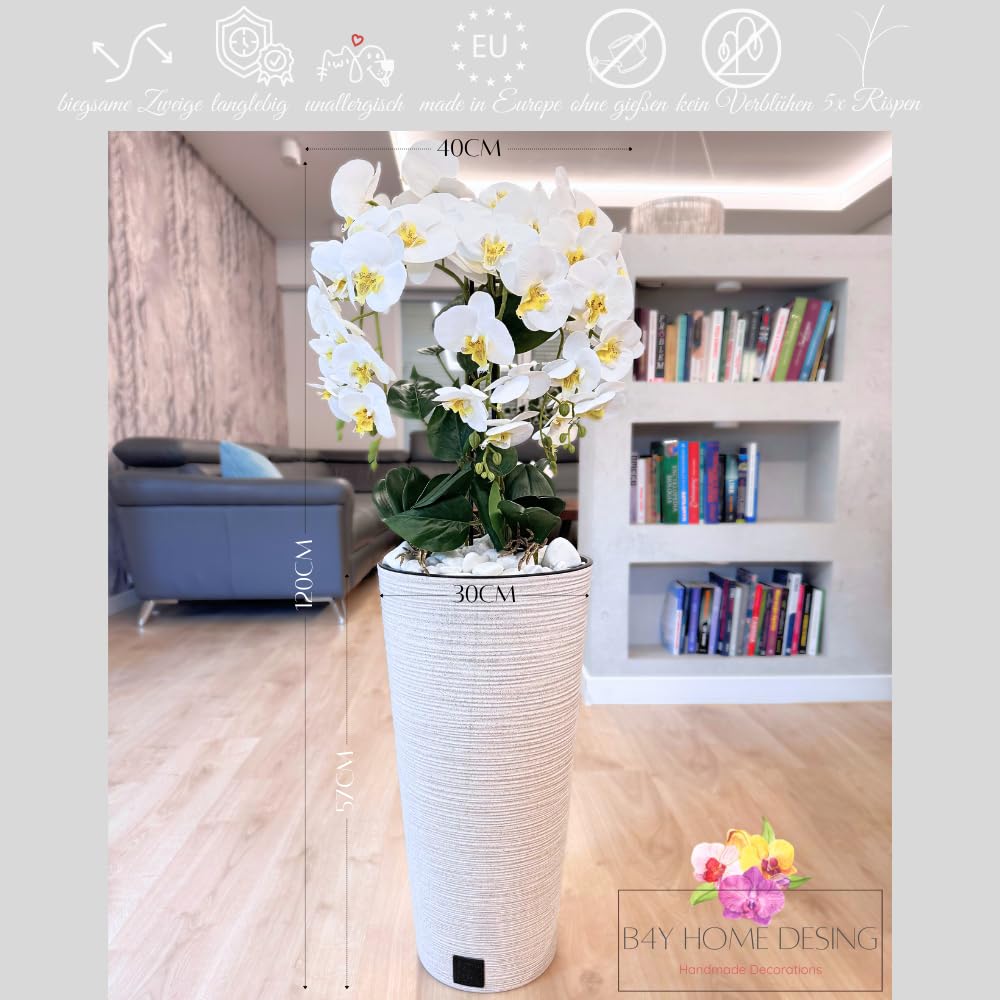 B4y Kunstliche Orchidee im Topf 120x40cm XXL groß, 5 biegsame Rispen, Real Touch Blüten - pflegeleicht & robust | täuschend echte Kunstblumen, minimalistisch - Wohnkultur Hochzeit (weiß/weiß)
