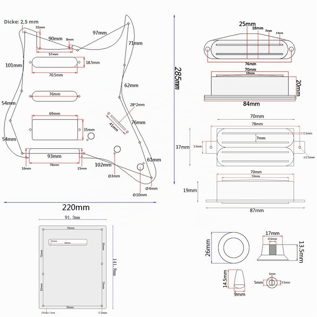 Alnicov 3-lagiges SSH vorverdrahtetes Pickguard-Set Alnico V Humbucker-Tonabnehmer Ahorn-Schlagbrett Rückplatte Scratch Plate für Strat ST Style E-Gitarre