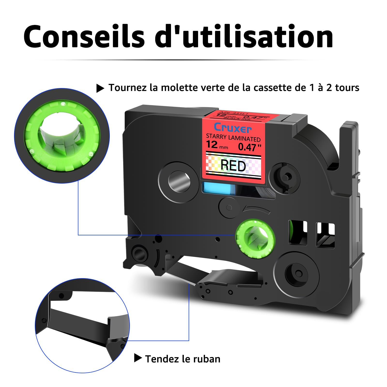 Cruxer Lot de 30 Ruban compatible P-touch TZe-431L1 Noir sur Rouge 12 mm