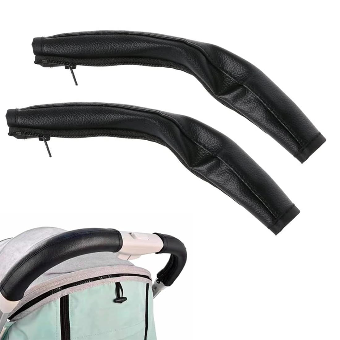 2pcs cubierta barra cochecito bebé, protectores para manillar de cochecito,asa extraíble con cremallera de piel sintética,Para Mayoría Cochecitos Negro