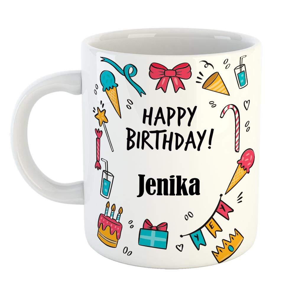FurnishFantasy Ceramic Coffee Mug - Best Gift for Happy Birthday Mug , Color - White, Name - Jenika