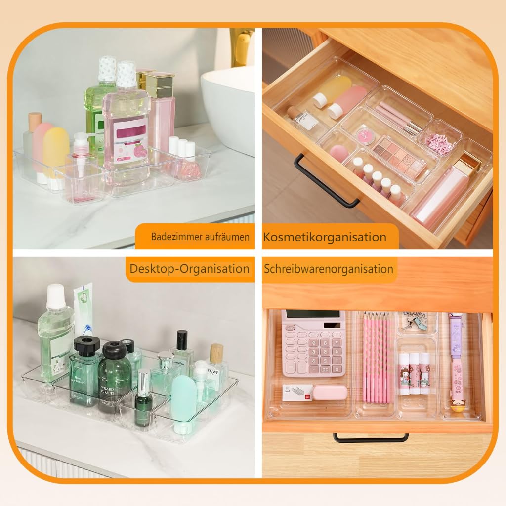 Organizer per cassetti, 25 pezzi, in 4 misure, in plastica, per toeletta e trucco, organizzatore (trasparente)