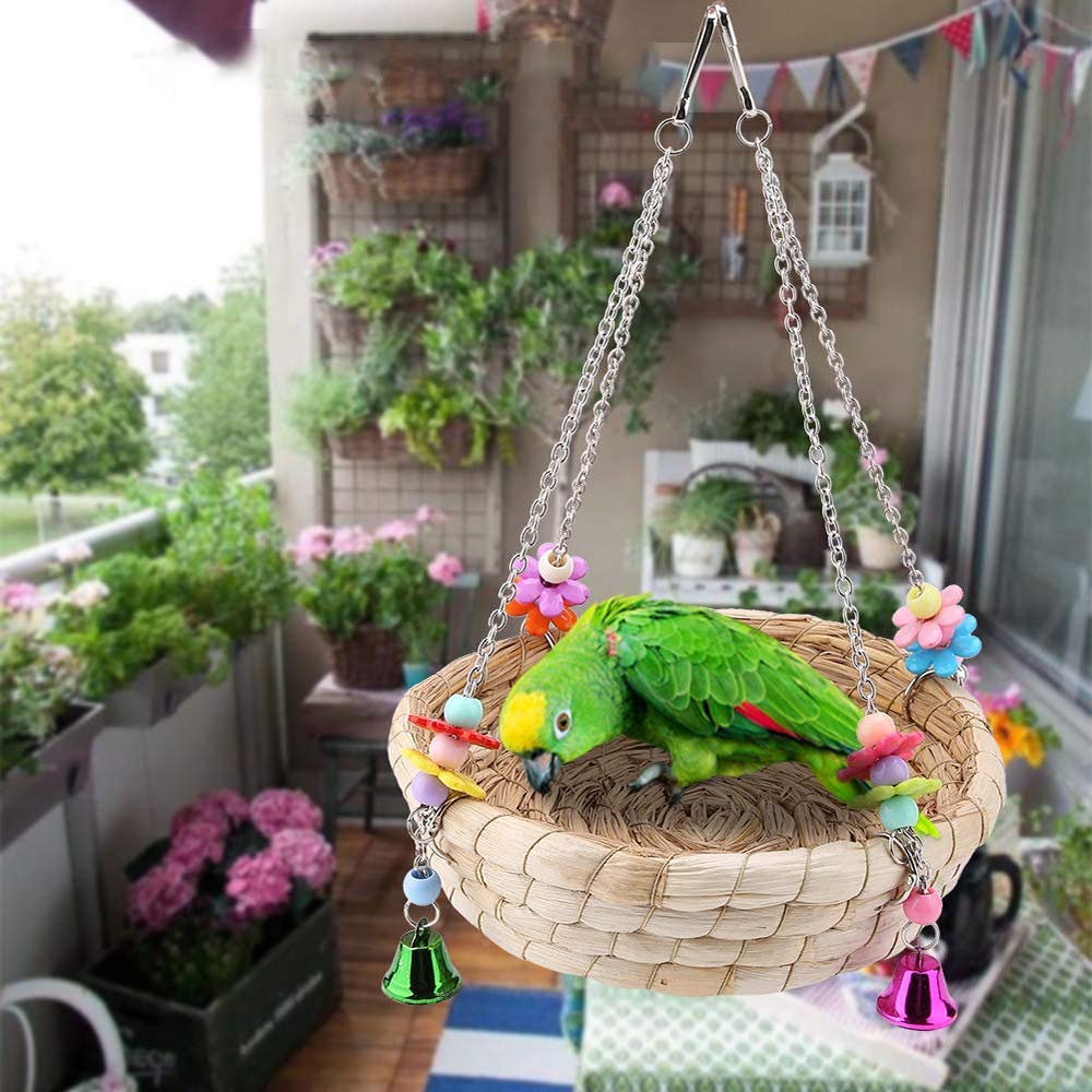 Nid d'Oiseau de Perroquet, Balançoire de Lit de Nid de Paille Tissée à la Main Naturelle avec 4 Cloches en Métal, Balançoire pour Les Oiseaux