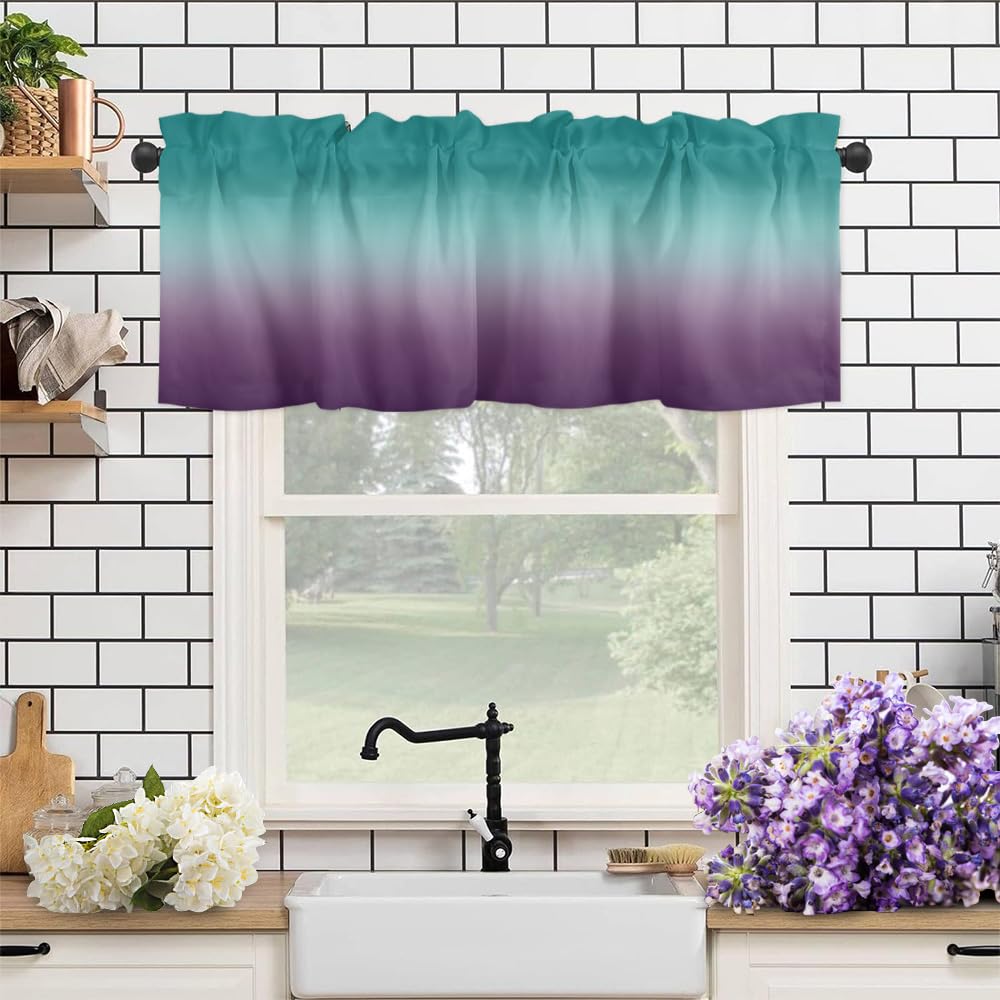 Window Curtains Valance Rod Pocket Curtain Drapery for Living Room Kitchen Bathroom, Ombre Textured Turquoise Purple, Soft&Washable Small Window