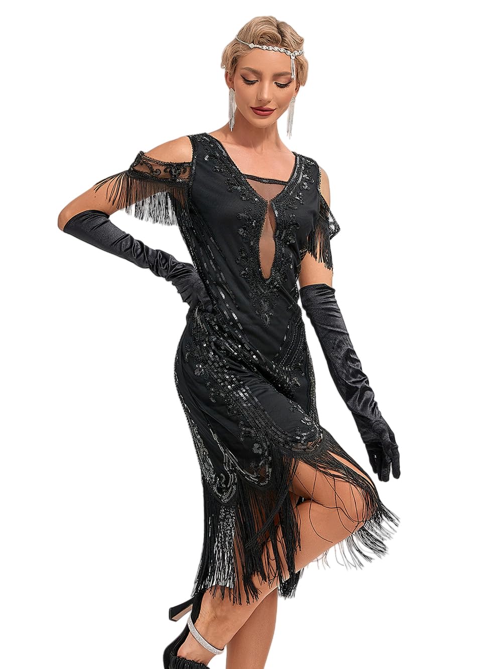 Viloree Femme Flapper 1920s Robe Soirée Longue Paillette Perlée Gatsby Robe Élégante