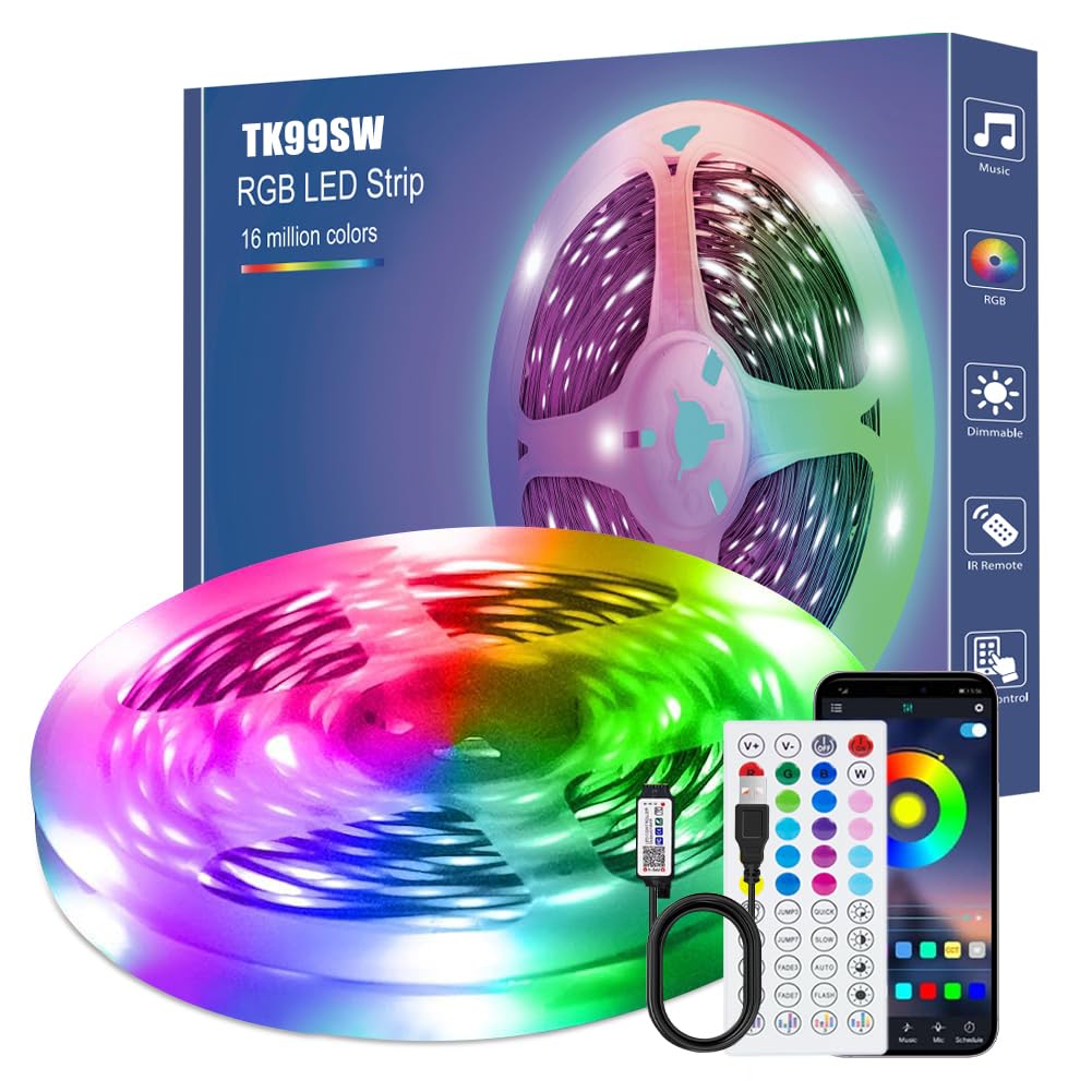 TK99SW LED Strip Lights 7M, RGB TV Backlight with Remote, Colour Changing Music Sync Bluetooth APP Control Strip Lights, Built-in Mic, USB Powered for Bedroom Home Decoration