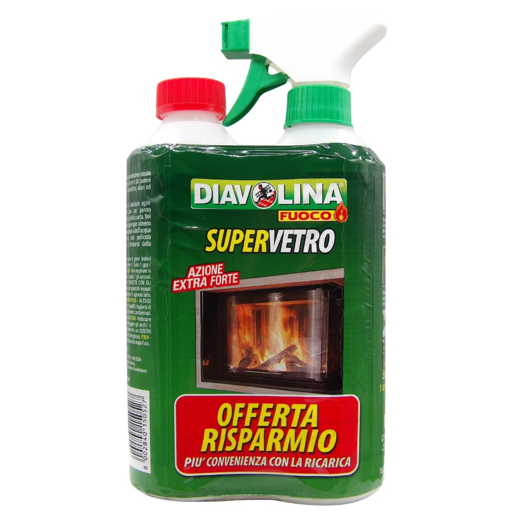 Supervetro Ideale per la Pulizia del Vetro e degli Inserti di Camini e Stufe, Confezione da 1 Spruzzatore e 1 Ricarica da 500ml (6 Unità)