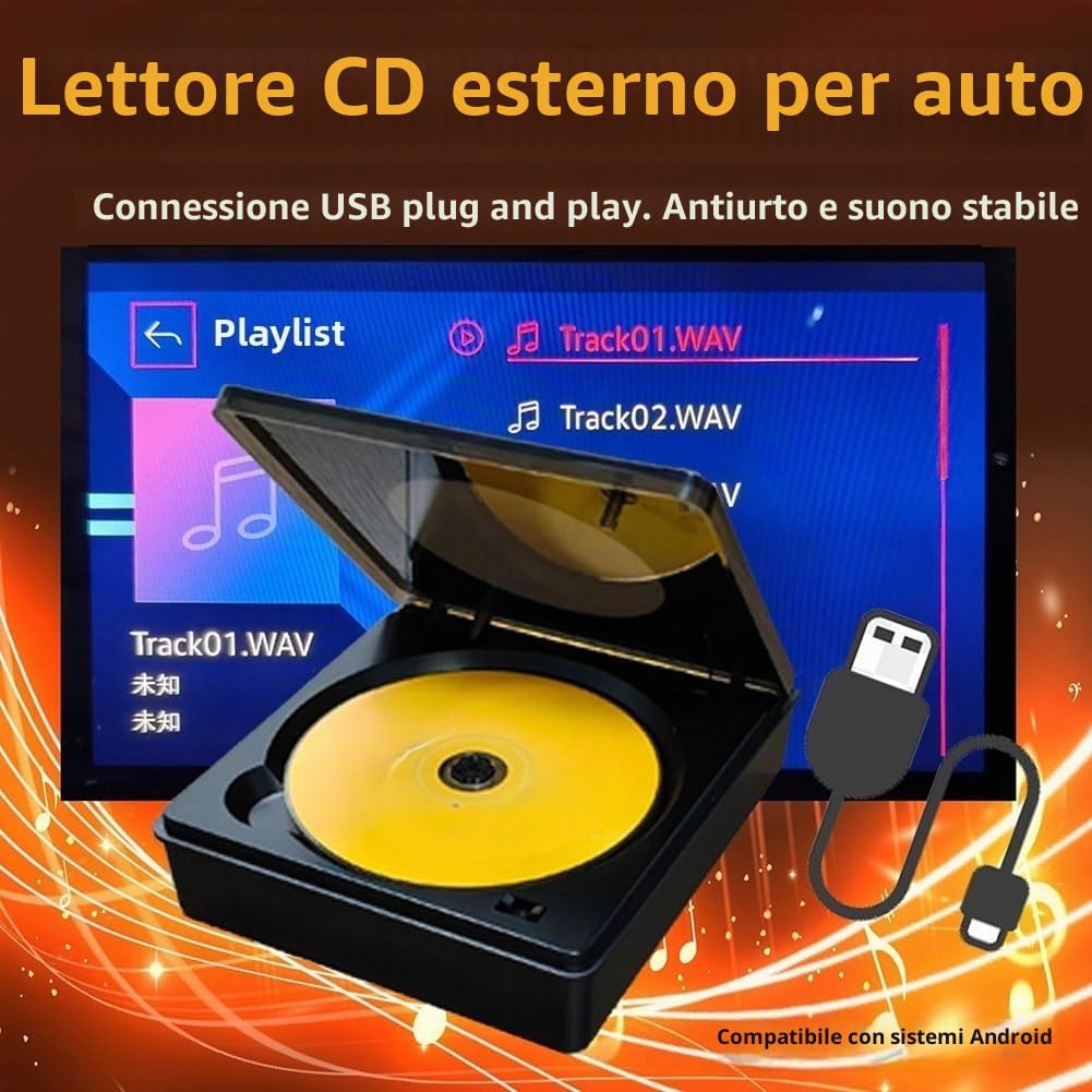 Lettore CD portatile per auto con USB per sistemi di navigazione Android, qualità audio senza perdita, design compatto in materiale PC, lettore DVD esterno per aggiornamento dell'auto stereo, unità