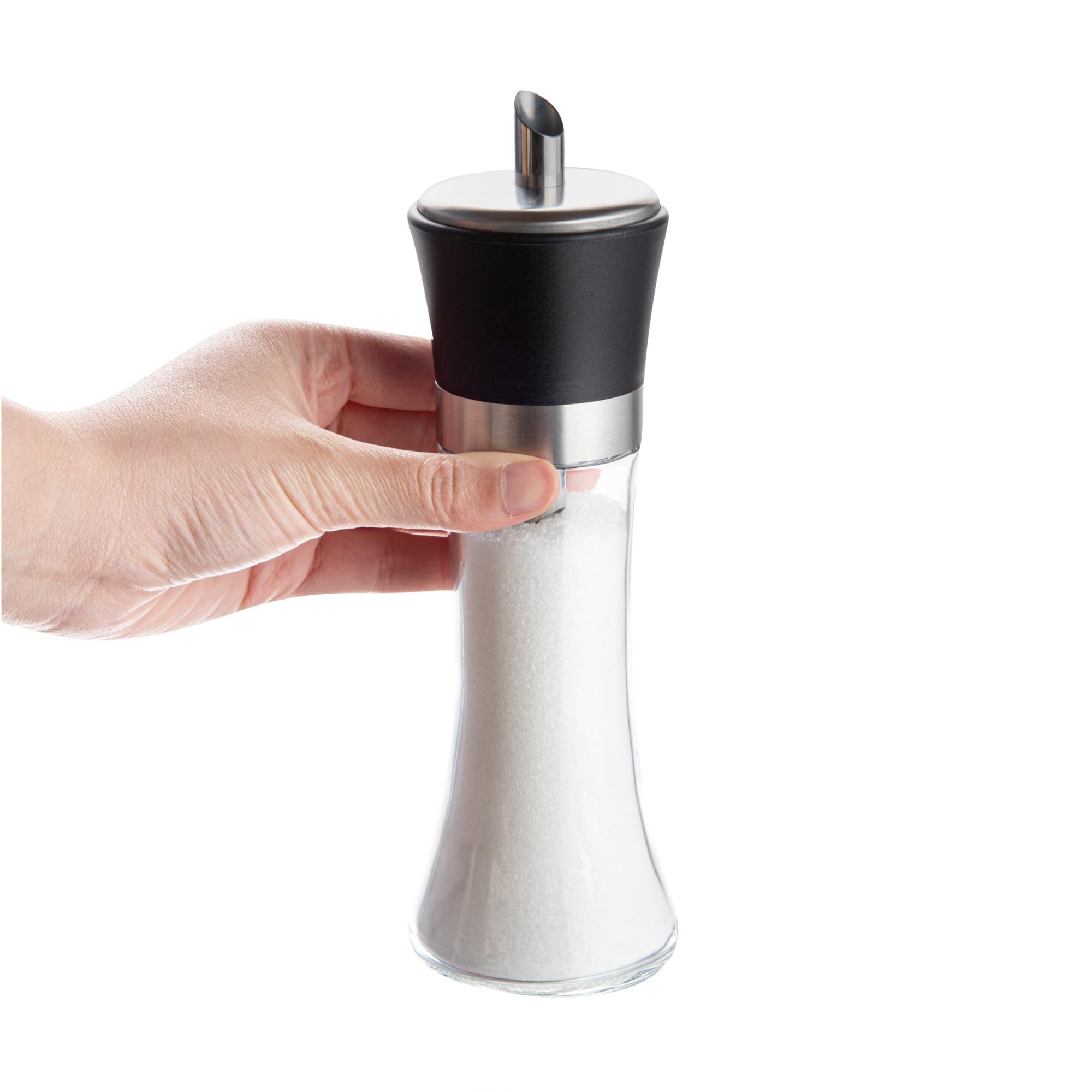 Vetri - Dispensador de azúcar de vidrio de 6 onzas, con boquilla de vertido, tapa negra, 1 3/4 pulgadas x 1 3/4 pulgadas x 5 3/4 pulgadas, 1 caja