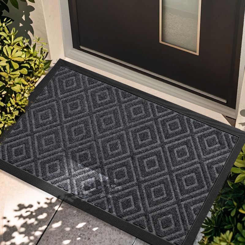 Sturdy Front Door Mat Outdoor Entrance: Heavy Duty Non-Slip Natural Rubber Low Profile Welcome Doormat - Absorbent Muddy Dirt Resist, Fade Resistant, Easy Clean Entryway Rug, 35"x24", Black.